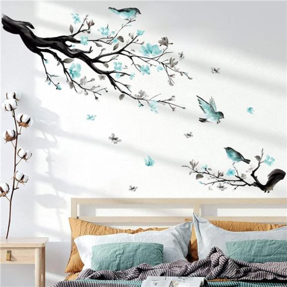 Watercolor Blue Flower Wall Decals Bird Tree Branch Living Room Wall Decor